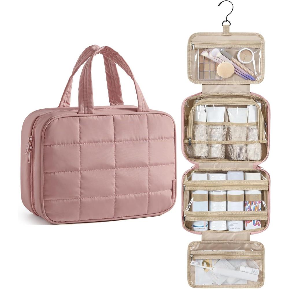 imageBAGSMART Travel Toiletry Bag for Women Hanging Travel Bag for Toiletries Puffy Makeup Cosmetic Bag Organizer Carryon Travel Accessories Essentials CamelDark Pink
