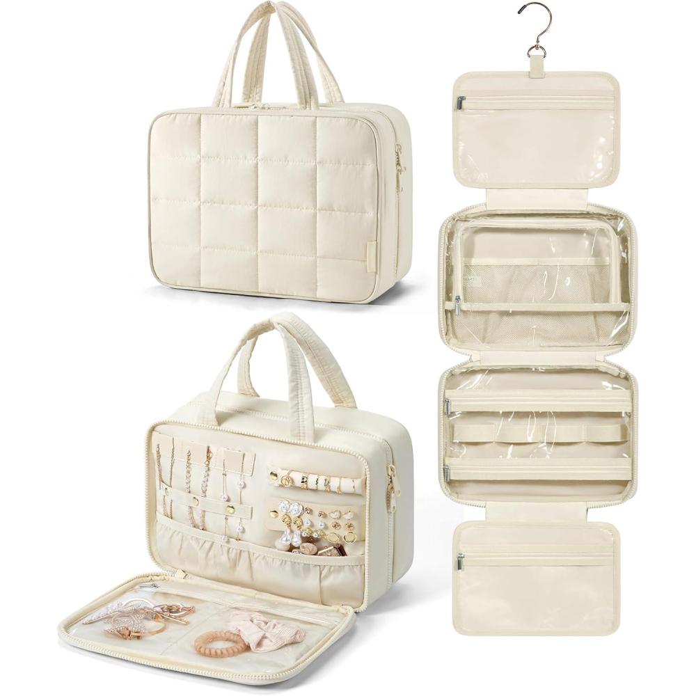 imageBAGSMART Travel Toiletry Bag with Jewelry Organizer Hanging Travel Bag for Toiletries Puffy Makeup Cosmetic Bag Organizer Carryon Travel Accessories Essentials BeigeMBeige