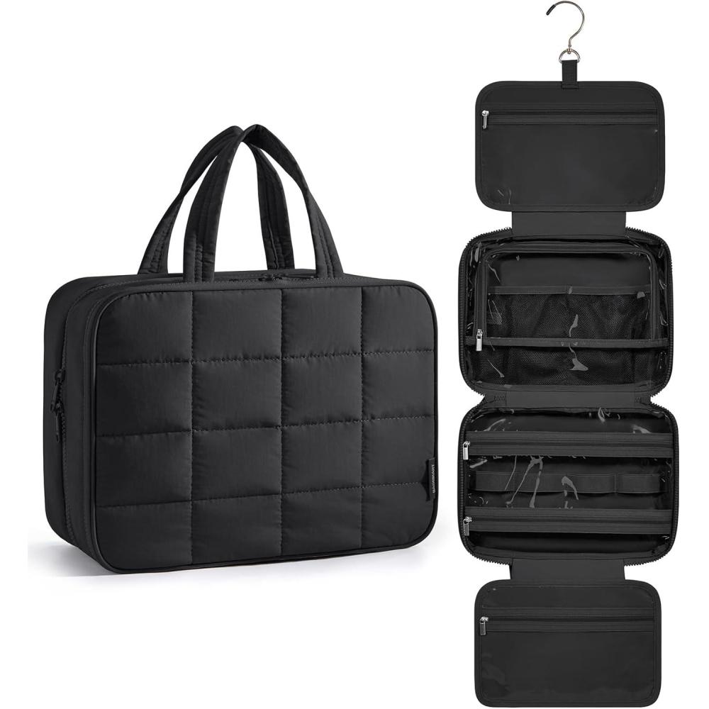 imageBAGSMART Travel Toiletry Bag with Jewelry Organizer Hanging Travel Bag for Toiletries Puffy Makeup Cosmetic Bag Organizer Carryon Travel Accessories Essentials BeigeMBlack