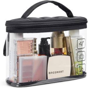BAGSMART TSA Approved Toiletry Bag, 2 Pack Clear Makeup Cosmetic Bag Organizer, Quart Size Travel Bag for Toiletries, Carry-on Travel Accessories Essentials, Pink-2pcs(Black-Puffy Top)
