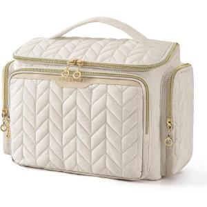 BAGSMART Travel Toiletry Bag, Large Wide-open Travel Bag for Toiletries, Makeup Cosmetic Travel Bag with Handle-Black(Beige)