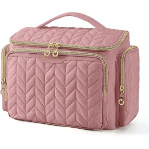 BAGSMART Travel Toiletry Bag, Large Wide-open Travel Bag for Toiletries, Makeup Cosmetic Travel Bag with Handle-Black(Dark Pink)
