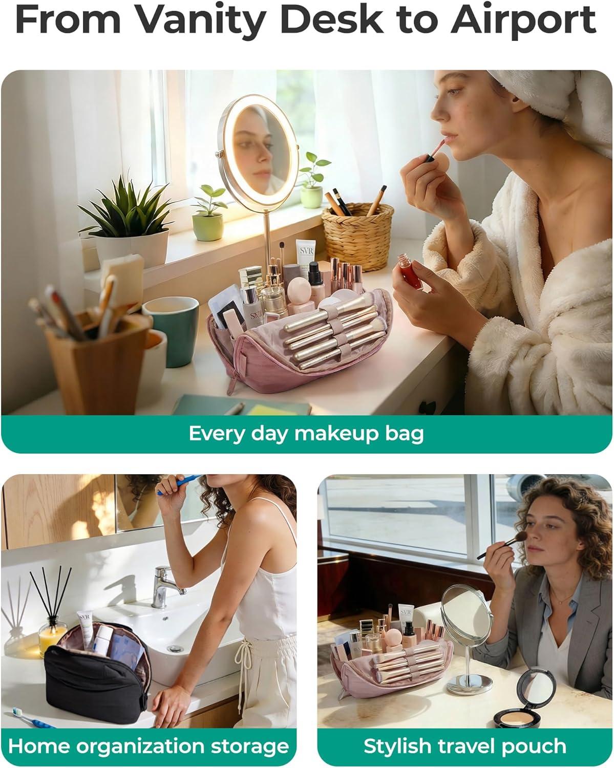 imageBAGSMART Travel Makeup Bag for Women Portable Folddown Cosmetic Case Puffy Padded Make Up Organizer Pouch Waterresistant Toiletry Bag for Toiletries Brushes Leopard PrintLeopard Print