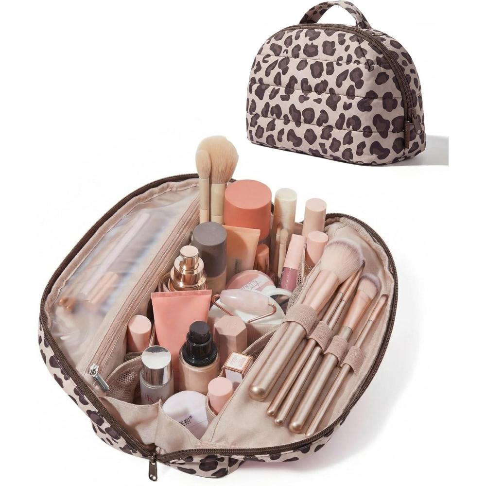 imageBAGSMART Travel Makeup Bag for Women Portable Folddown Cosmetic Case Puffy Padded Make Up Organizer Pouch Waterresistant Toiletry Bag for Toiletries Brushes Leopard PrintLeopard Print