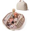 BAGSMART Travel Makeup Bag for Women, Portable Fold-down Cosmetic Case, Puffy Padded Make Up Organizer Pouch, Water-resistant Toiletry Bag for Toiletries, Brushes (Leopard Print)(Khaki Brown checkered Print)