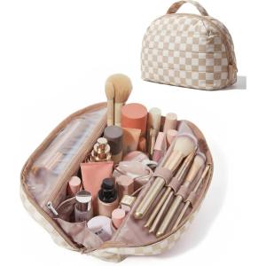 BAGSMART Travel Makeup Bag for Women, Portable Fold-down Cosmetic Case, Puffy Padded Make Up Organizer Pouch, Water-resistant Toiletry Bag for Toiletries, Brushes (Leopard Print)(Khaki Brown checkered Print)