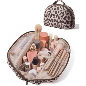 BAGSMART Travel Makeup Bag for Women, Portable Fold-down Cosmetic Case, Puffy Padded Make Up Organizer Pouch, Water-resistant Toiletry Bag for Toiletries, Brushes (Leopard Print)(Leopard Print)