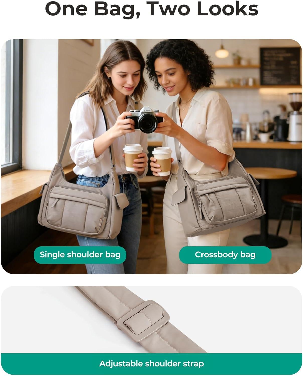 imageBAGSMART 2 in 1 Puffy Camera Sling Bag for Photographer Everyday Shoulder Crossbody Bag with Pockets Digital Camera Case for DSLRMirrorless Light BeigeBrown