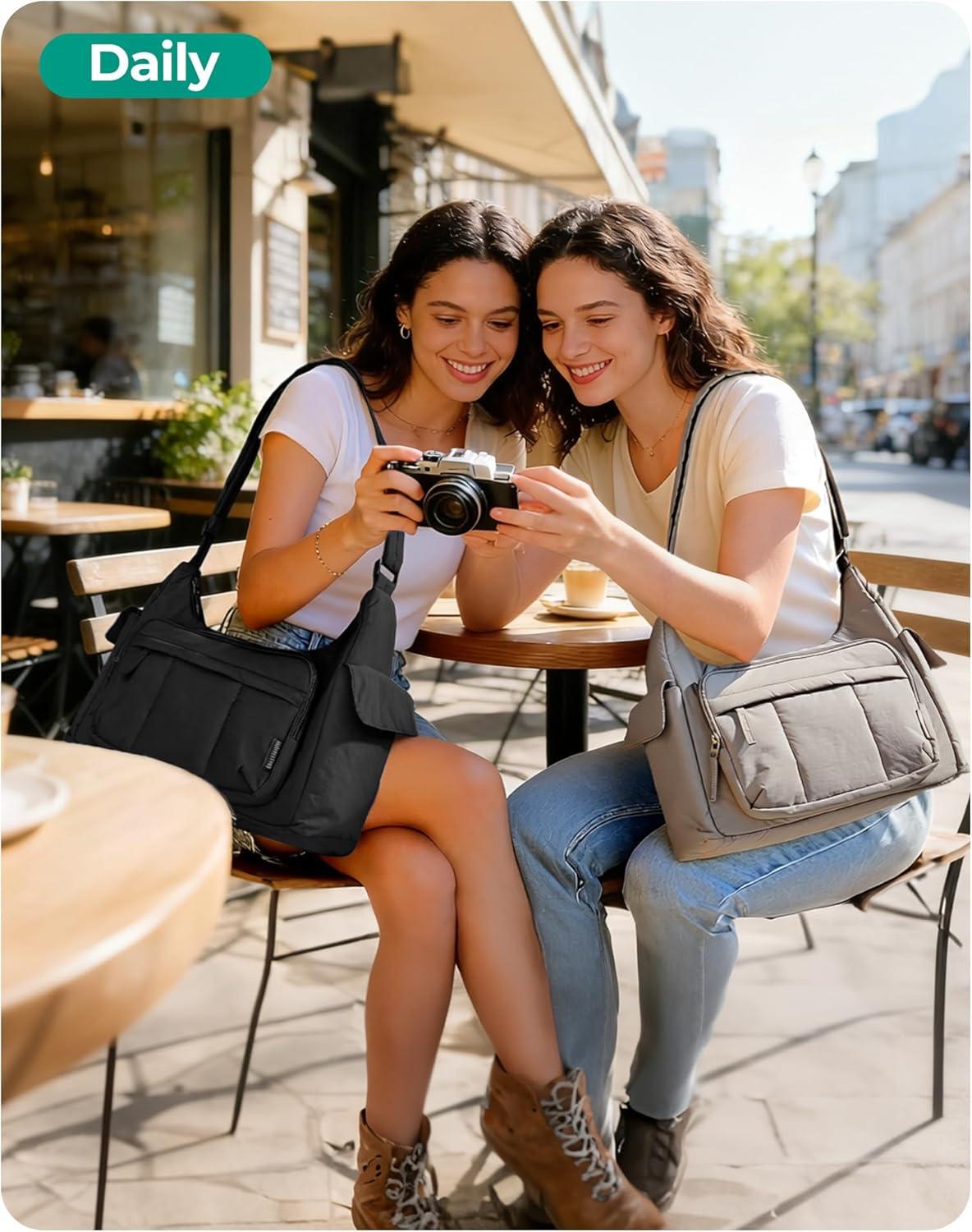 imageBAGSMART 2 in 1 Puffy Camera Sling Bag for Photographer Everyday Shoulder Crossbody Bag with Pockets Digital Camera Case for DSLRMirrorless Light BeigeBrown