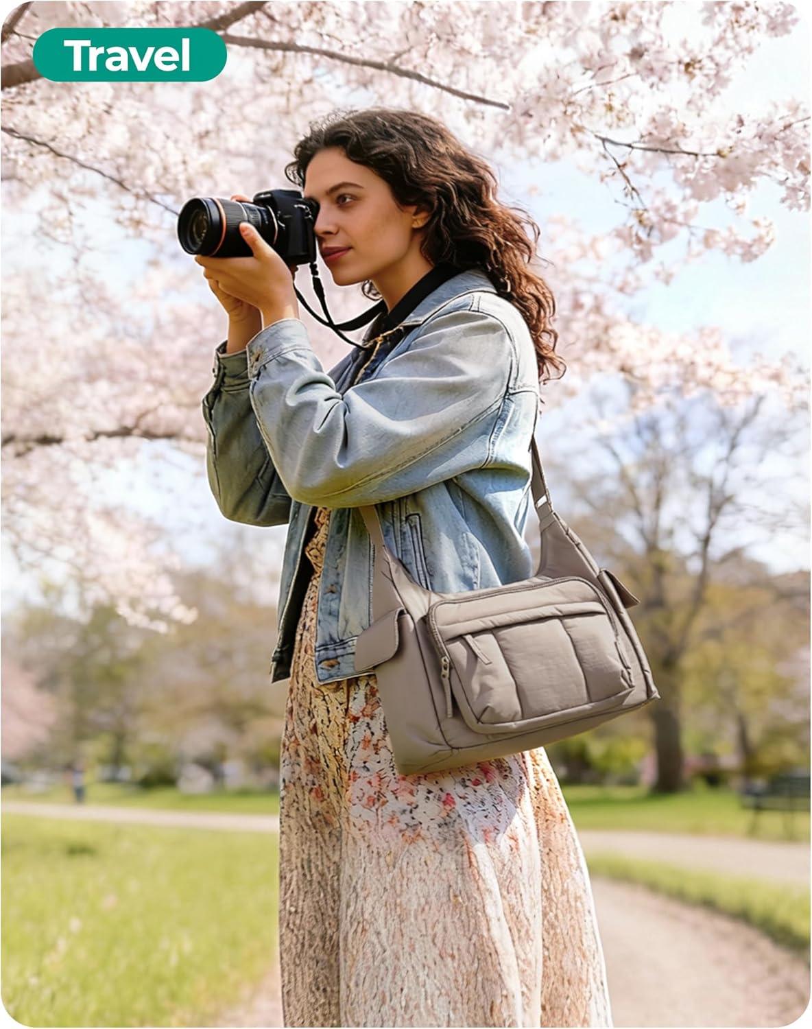 imageBAGSMART 2 in 1 Puffy Camera Sling Bag for Photographer Everyday Shoulder Crossbody Bag with Pockets Digital Camera Case for DSLRMirrorless Light BeigeBrown