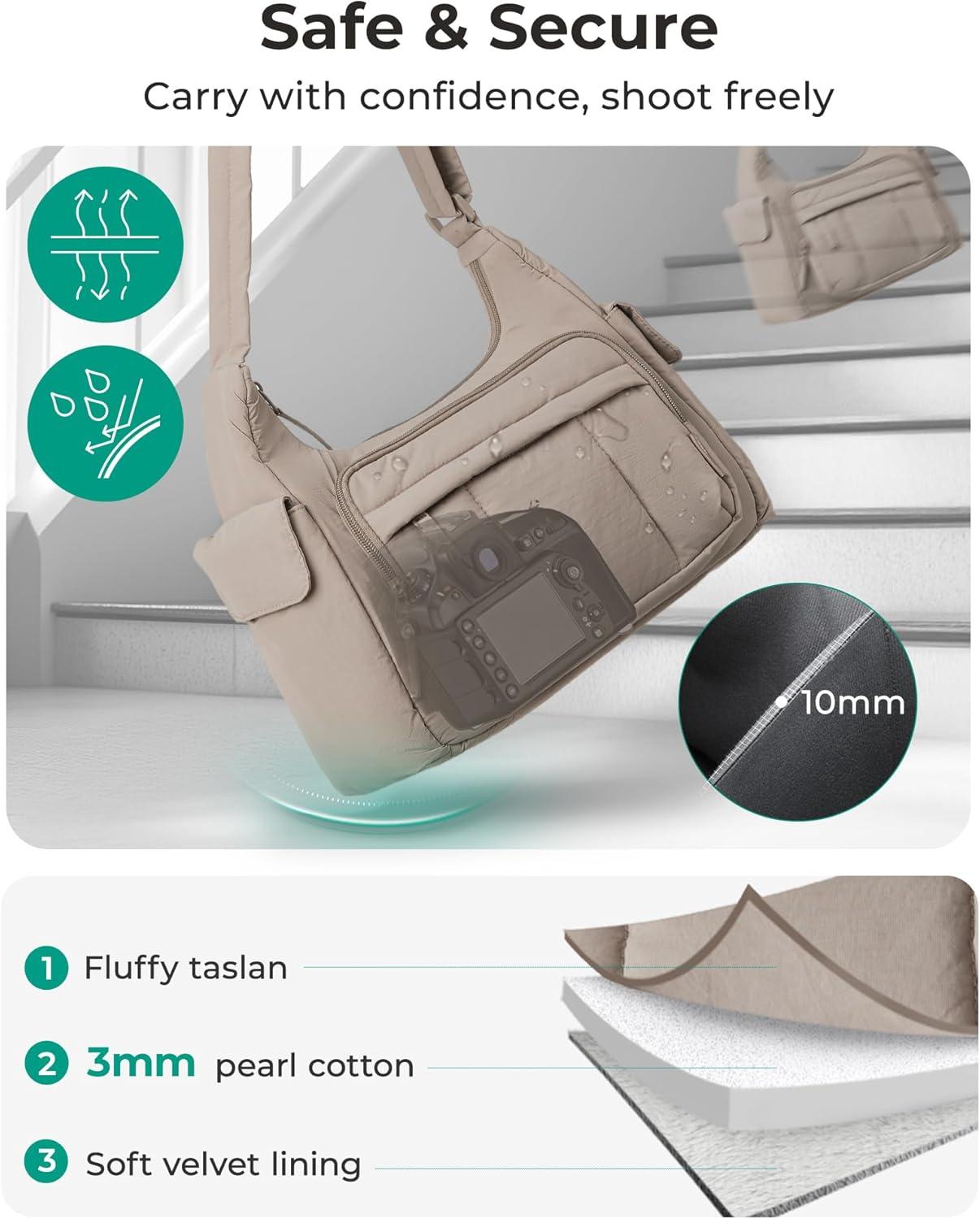 imageBAGSMART 2 in 1 Puffy Camera Sling Bag for Photographer Everyday Shoulder Crossbody Bag with Pockets Digital Camera Case for DSLRMirrorless Light BeigeBlack