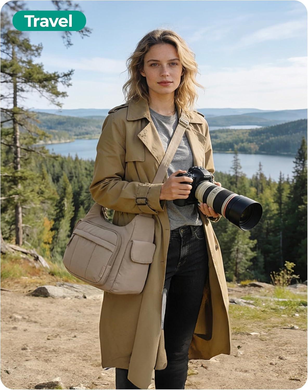 imageBAGSMART 2 in 1 Puffy Camera Sling Bag for Photographer Everyday Shoulder Crossbody Bag with Pockets Digital Camera Case for DSLRMirrorless Light BeigeCoffee brown
