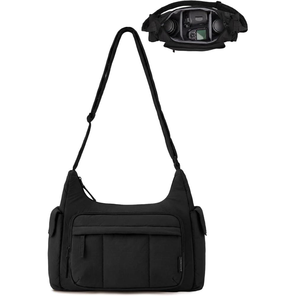 imageBAGSMART 2 in 1 Puffy Camera Sling Bag for Photographer Everyday Shoulder Crossbody Bag with Pockets Digital Camera Case for DSLRMirrorless Light BeigeBlack