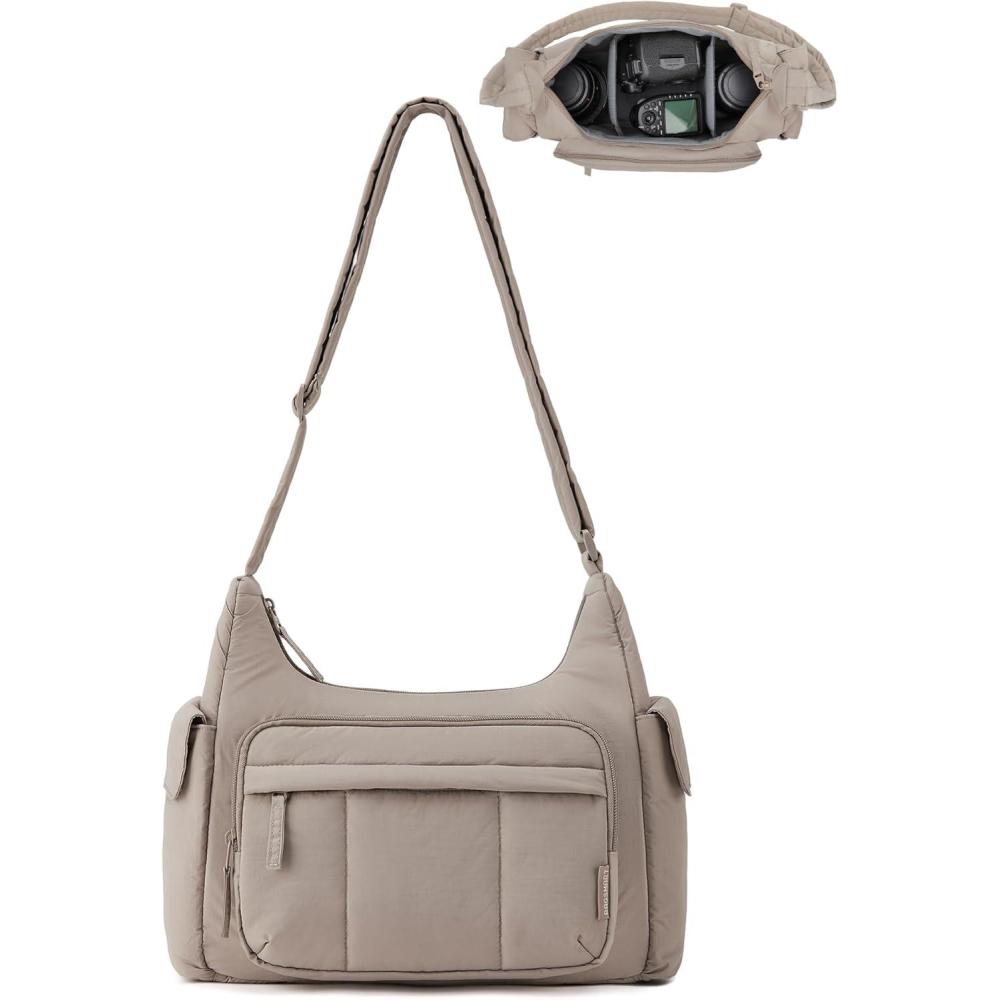 imageBAGSMART 2 in 1 Puffy Camera Sling Bag for Photographer Everyday Shoulder Crossbody Bag with Pockets Digital Camera Case for DSLRMirrorless Light BeigeBrown