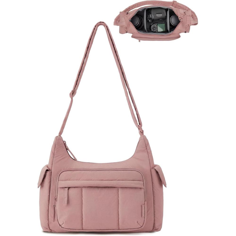 imageBAGSMART 2 in 1 Puffy Camera Sling Bag for Photographer Everyday Shoulder Crossbody Bag with Pockets Digital Camera Case for DSLRMirrorless Light BeigeDark Pink