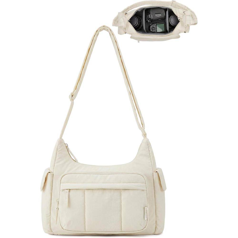 imageBAGSMART 2 in 1 Puffy Camera Sling Bag for Photographer Everyday Shoulder Crossbody Bag with Pockets Digital Camera Case for DSLRMirrorless Light BeigeLight Beige