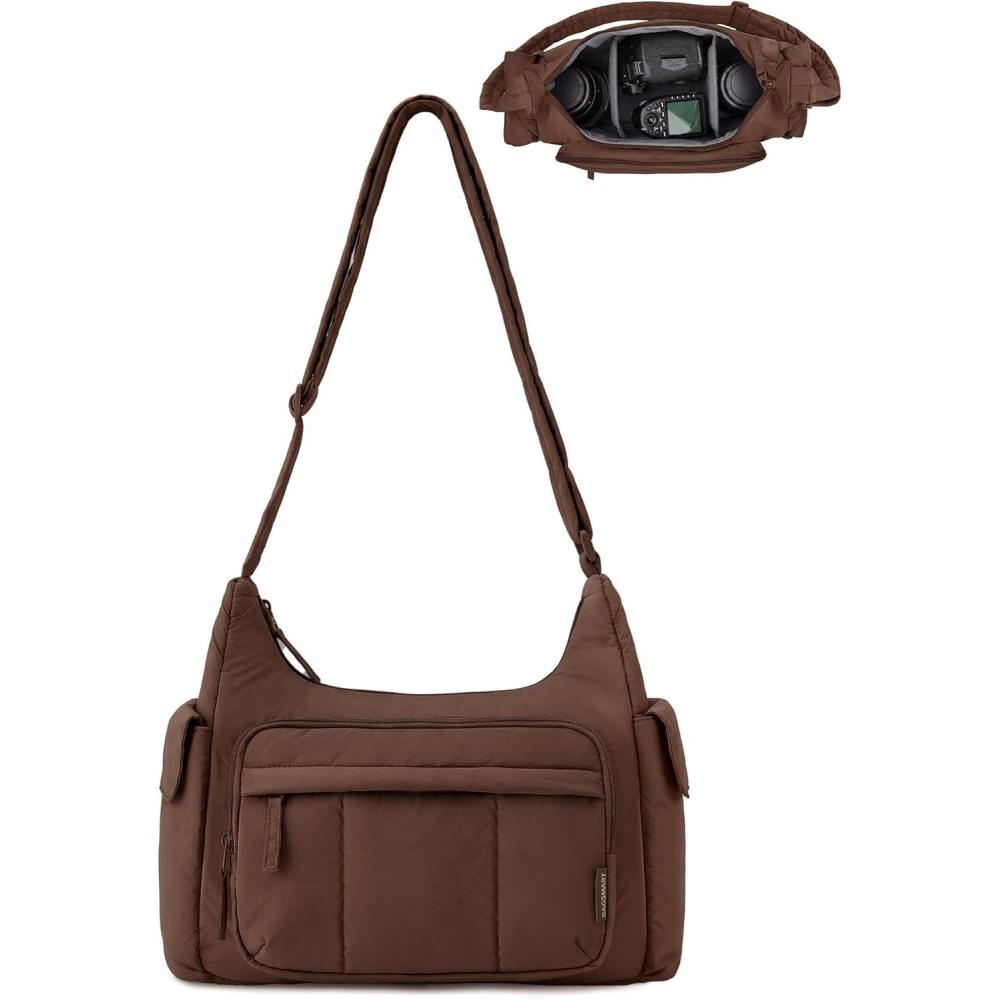 imageBAGSMART 2 in 1 Puffy Camera Sling Bag for Photographer Everyday Shoulder Crossbody Bag with Pockets Digital Camera Case for DSLRMirrorless Light BeigeCoffee brown