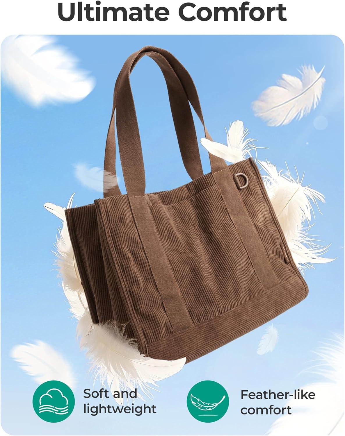 imageBAGSMART Corduroy Tote Bag for Women WorkTravel Teacher Nurse Bible Church Hobo 12L fits 14 laptop w 40oz cup holder 5L fits Kindle w cossbody strap For work campus travel everydayCream Beige
