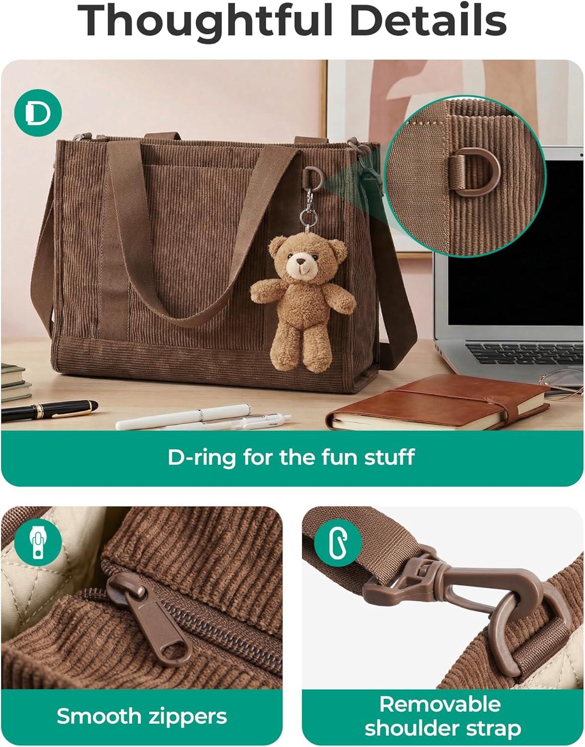 imageBAGSMART Corduroy Tote Bag for Women WorkTravel Teacher Nurse Bible Church Hobo 12L fits 14 laptop w 40oz cup holder 5L fits Kindle w cossbody strap For work campus travel everydayMocha Brown