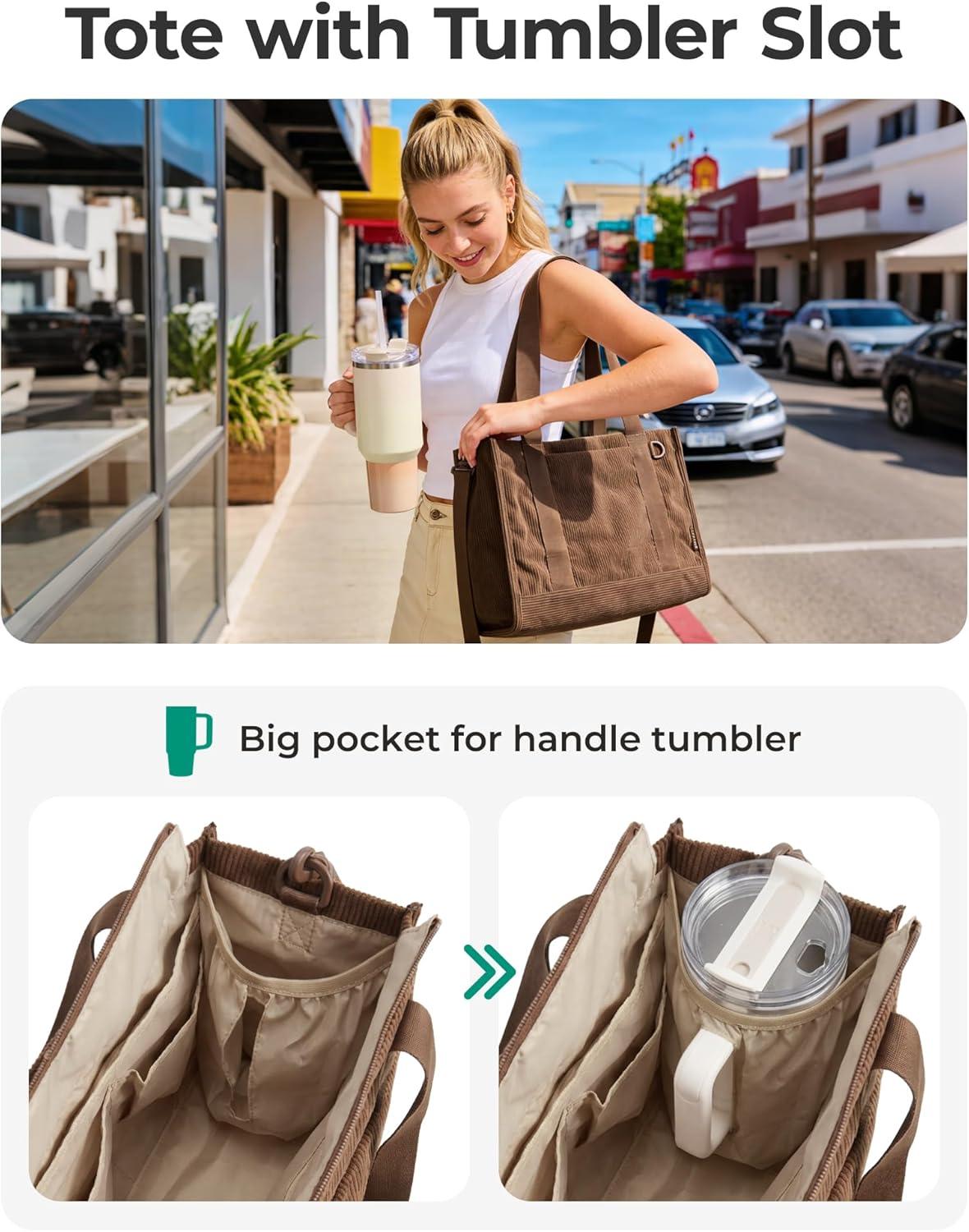 imageBAGSMART Corduroy Tote Bag for Women WorkTravel Teacher Nurse Bible Church Hobo 12L fits 14 laptop w 40oz cup holder 5L fits Kindle w cossbody strap For work campus travel everydayLight Green