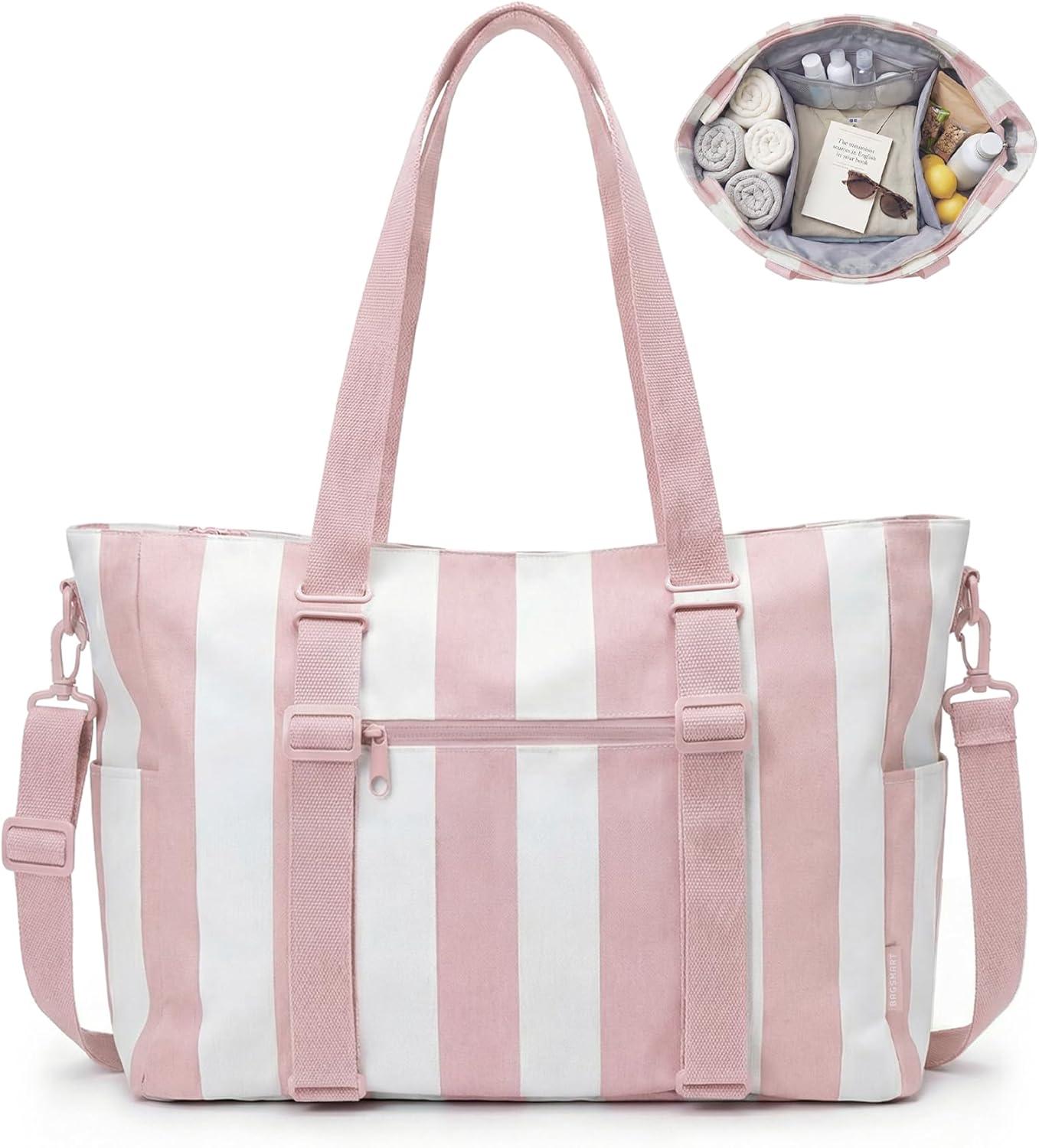 imageBAGSMART Large Beach Bag for Women Oversize Tote Bag for TravelPoolSummer 3Ways to Carry Cruise Essentials Family Picnic Extralarge mom bag Sandproof zip open Womens summer giftsPink Stripe