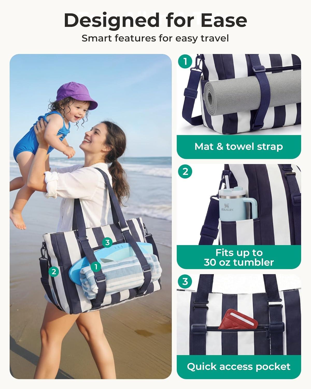 imageBAGSMART Large Beach Bag for Women Oversize Tote Bag for TravelPoolSummer 3Ways to Carry Cruise Essentials Family Picnic Extralarge mom bag Sandproof zip open Womens summer giftsSage Green Stripe