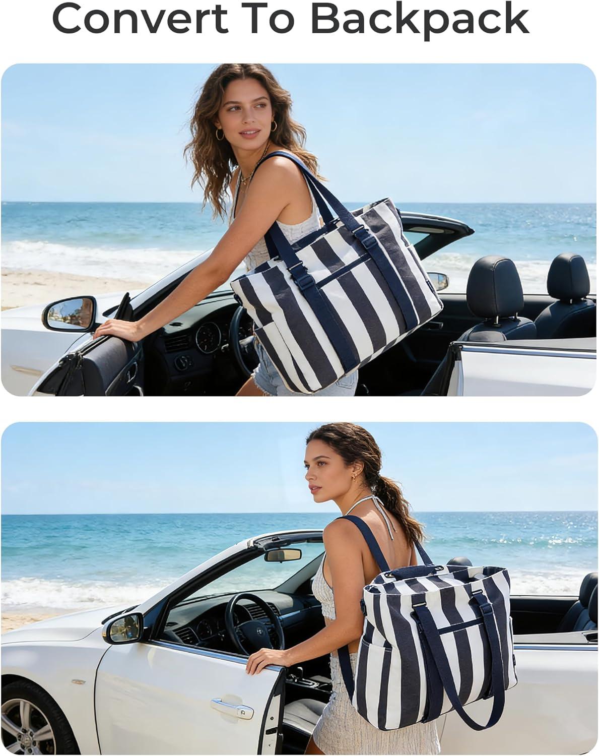 imageBAGSMART Large Beach Bag for Women Oversize Tote Bag for TravelPoolSummer 3Ways to Carry Cruise Essentials Family Picnic Extralarge mom bag Sandproof zip open Womens summer giftsSage Green Stripe