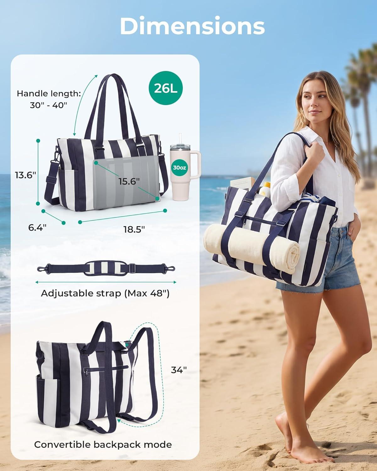 imageBAGSMART Large Beach Bag for Women Oversize Tote Bag for TravelPoolSummer 3Ways to Carry Cruise Essentials Family Picnic Extralarge mom bag Sandproof zip open Womens summer giftsSage Green Stripe
