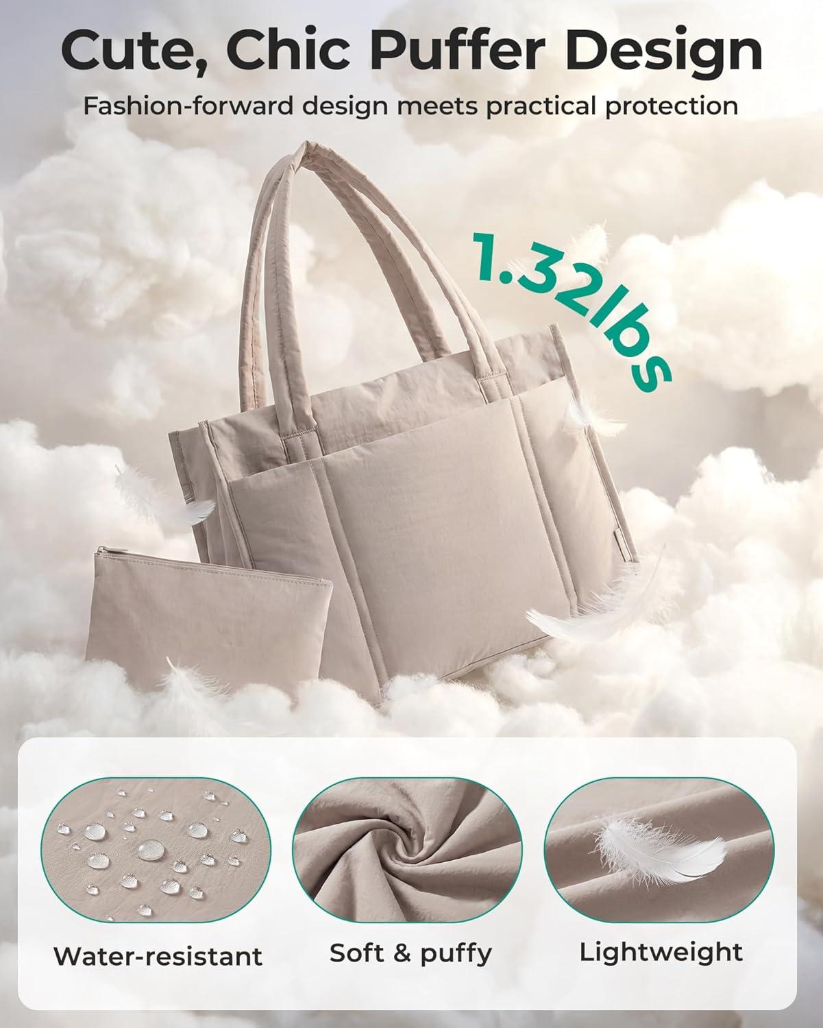 imageBAGSMART Tote Bag for Women 2Pc Puffer Tote Bag Set with Zipper Quilted Large Work Teacher Bag for TravelCoffee Brown