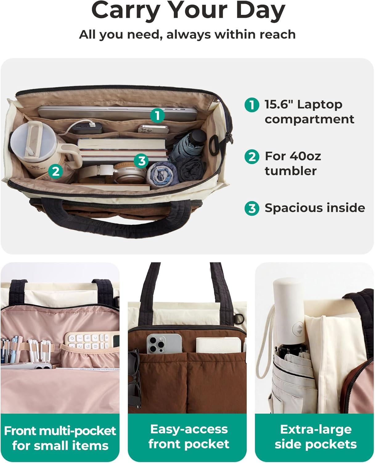 imageBAGSMART Tote Bag for Women Work Puffy Travel Tote Handbag Gift for Teacher amp Nurse Medium13 laptop w 30oz cup holder Large156 laptop w 40oz cup holder For campus work travel everydayFjet Black