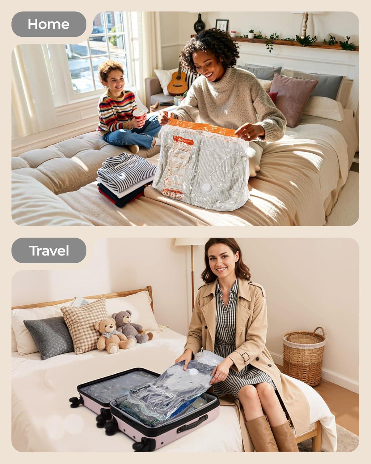 imageBAGSMART Vacuum Storage Bags for Travel with Rechargeable Air Pump Portable Space Saver Bags for Travel amp Home Vacuum Compression Seal Bag for Clothing Blanket 18 Pack Khaki BrownPink
