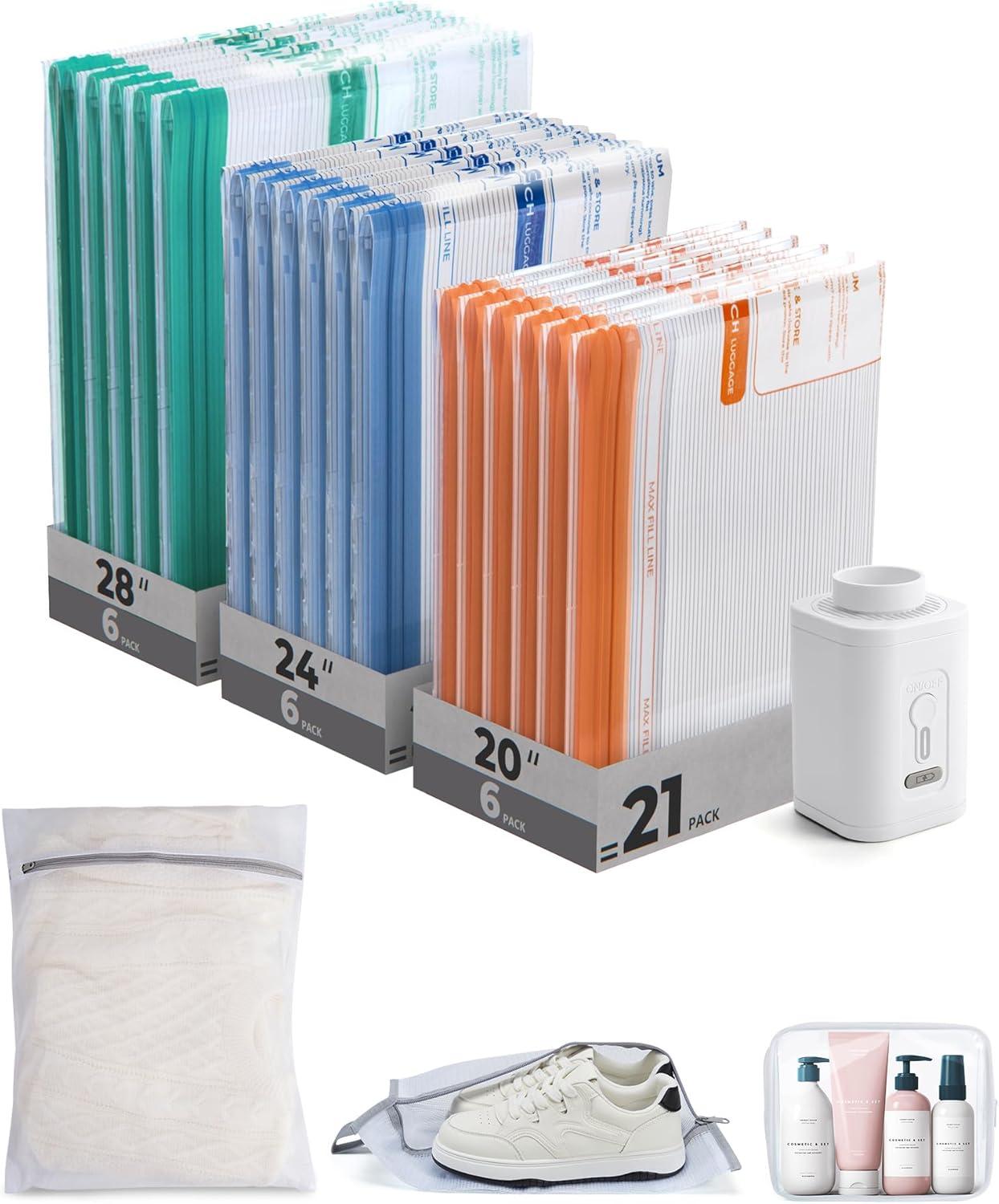 imageBAGSMART Vacuum Storage Bags for Travel with Rechargeable Air Pump Portable Space Saver Bags for Travel amp Home Vacuum Compression Seal Bag for Clothing Blanket 18 Pack Khaki BrownMulticolor