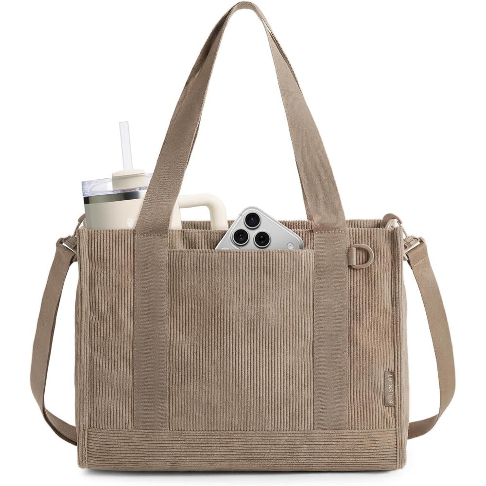 imageBAGSMART Corduroy Tote Bag for Women WorkTravel Teacher Nurse Bible Church Hobo 12L fits 14 laptop w 40oz cup holder 5L fits Kindle w cossbody strap For work campus travel everydayCamel