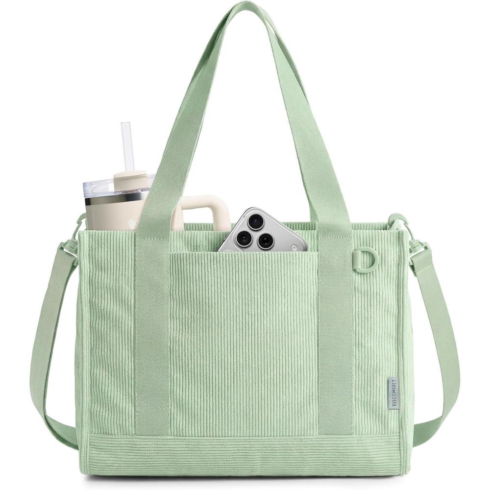 imageBAGSMART Corduroy Tote Bag for Women WorkTravel Teacher Nurse Bible Church Hobo 12L fits 14 laptop w 40oz cup holder 5L fits Kindle w cossbody strap For work campus travel everydayLight Green