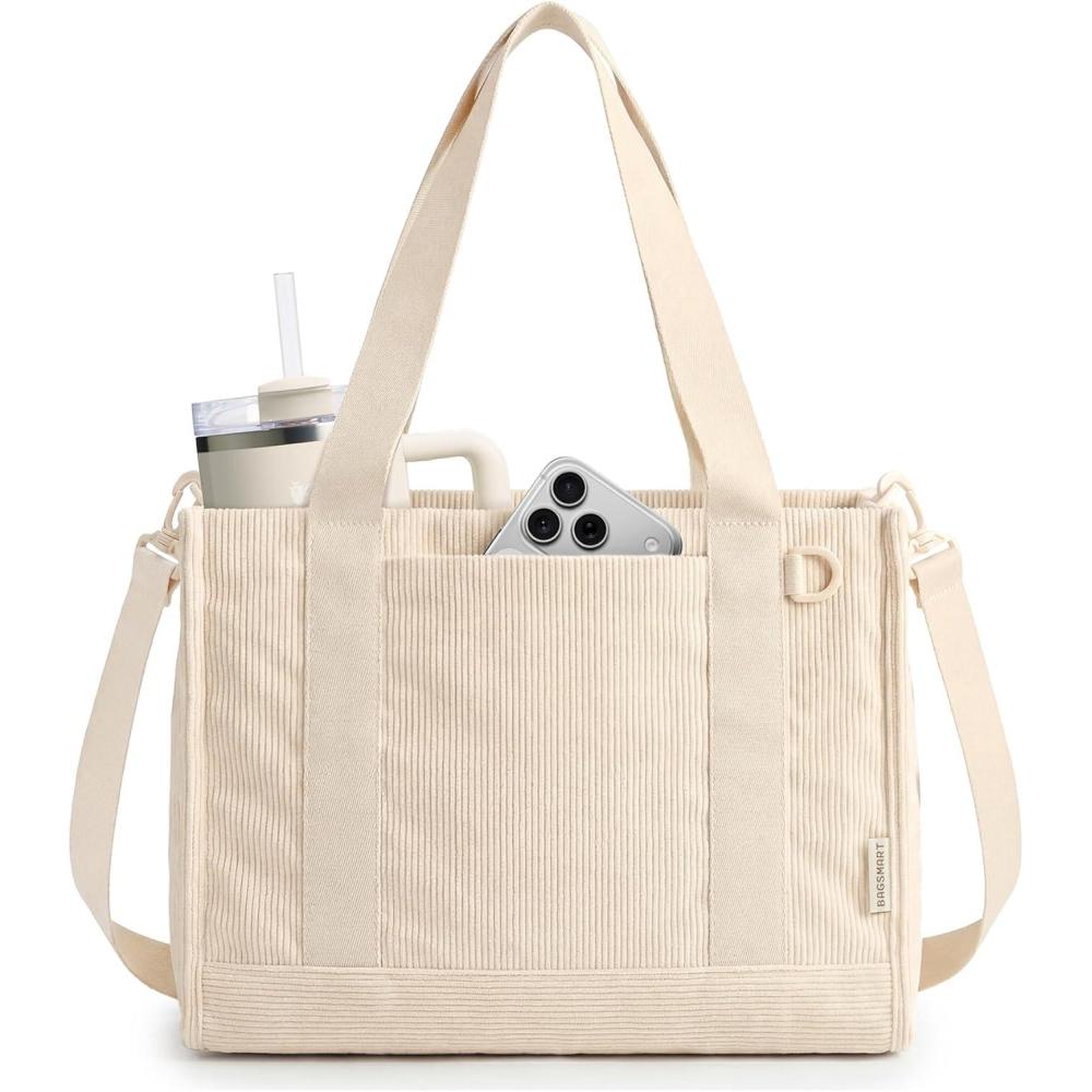 imageBAGSMART Corduroy Tote Bag for Women WorkTravel Teacher Nurse Bible Church Hobo 12L fits 14 laptop w 40oz cup holder 5L fits Kindle w cossbody strap For work campus travel everydayCream Beige