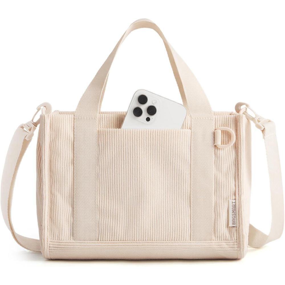 imageBAGSMART Corduroy Tote Bag for Women WorkTravel Teacher Nurse Bible Church Hobo  12L fits 14 laptop w 40oz cup holder 5L fits Kindle w cossbody strap For work campus travel everydayBeige