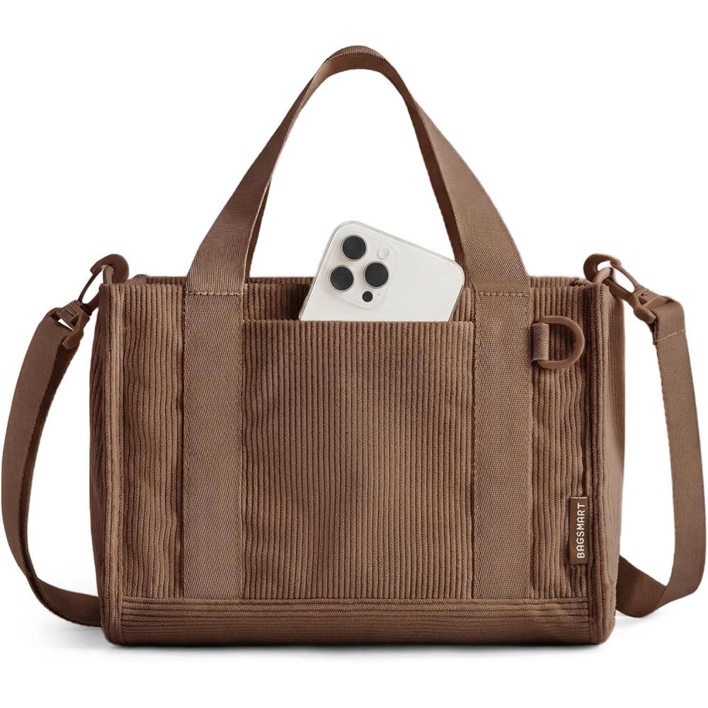 imageBAGSMART Corduroy Tote Bag for Women WorkTravel Teacher Nurse Bible Church Hobo 12L fits 14 laptop w 40oz cup holder 5L fits Kindle w cossbody strap For work campus travel everydayDark Brown