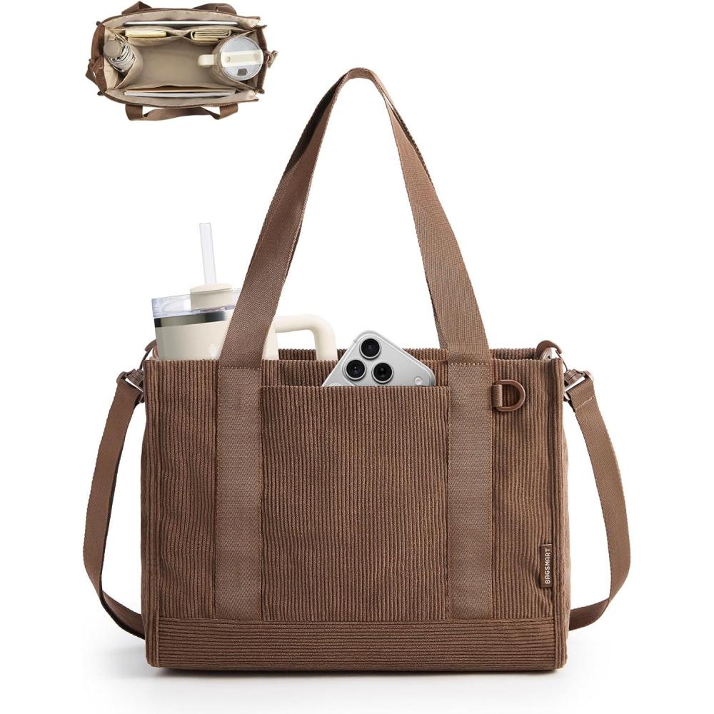 imageBAGSMART Corduroy Tote Bag for Women WorkTravel Teacher Nurse Bible Church Hobo 12L fits 14 laptop w 40oz cup holder 5L fits Kindle w cossbody strap For work campus travel everydayMocha Brown