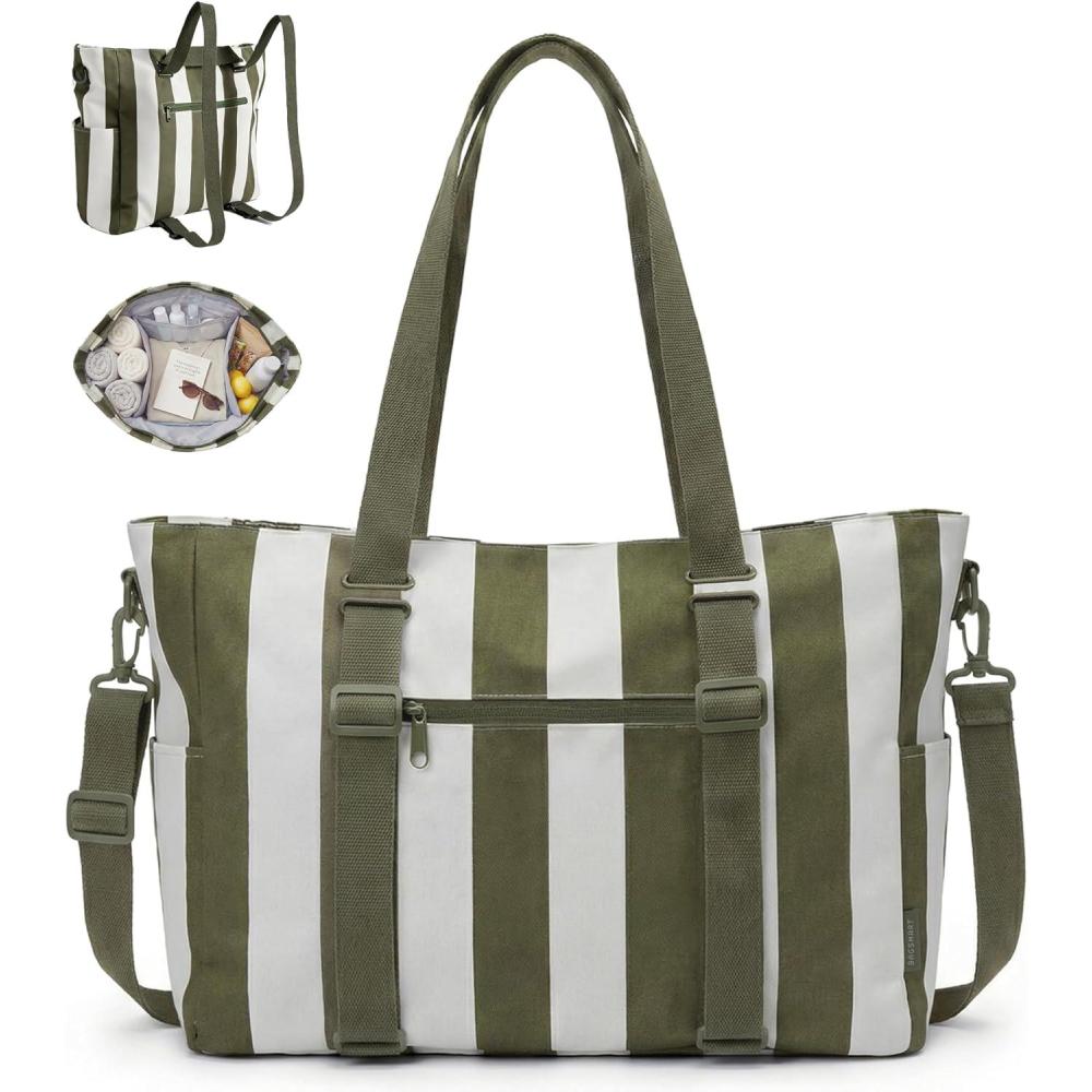 imageBAGSMART Large Beach Bag for Women Oversize Tote Bag for TravelPoolSummer 3Ways to Carry Cruise Essentials Family Picnic Extralarge mom bag Sandproof zip open Womens summer giftsSage Green Stripe