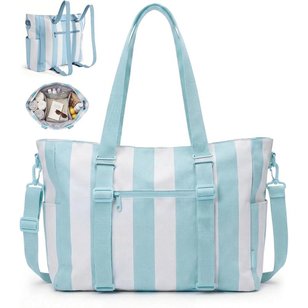 imageBAGSMART Large Beach Bag for Women Oversize Tote Bag for TravelPoolSummer 3Ways to Carry Cruise Essentials Family Picnic Extralarge mom bag Sandproof zip open Womens summer giftsSky Blue Stripe