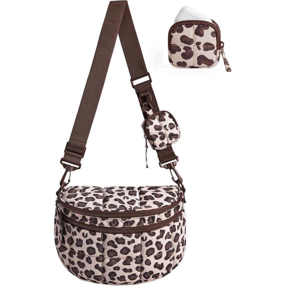 imageBAGSMART Small Crossbody Bags for WomenPuffer Cute Bum Bag with Pouch Quilted Purse for Daily Travel College Camel  46L compact size small yet spacious structured bum bag 2in1 setLeopard