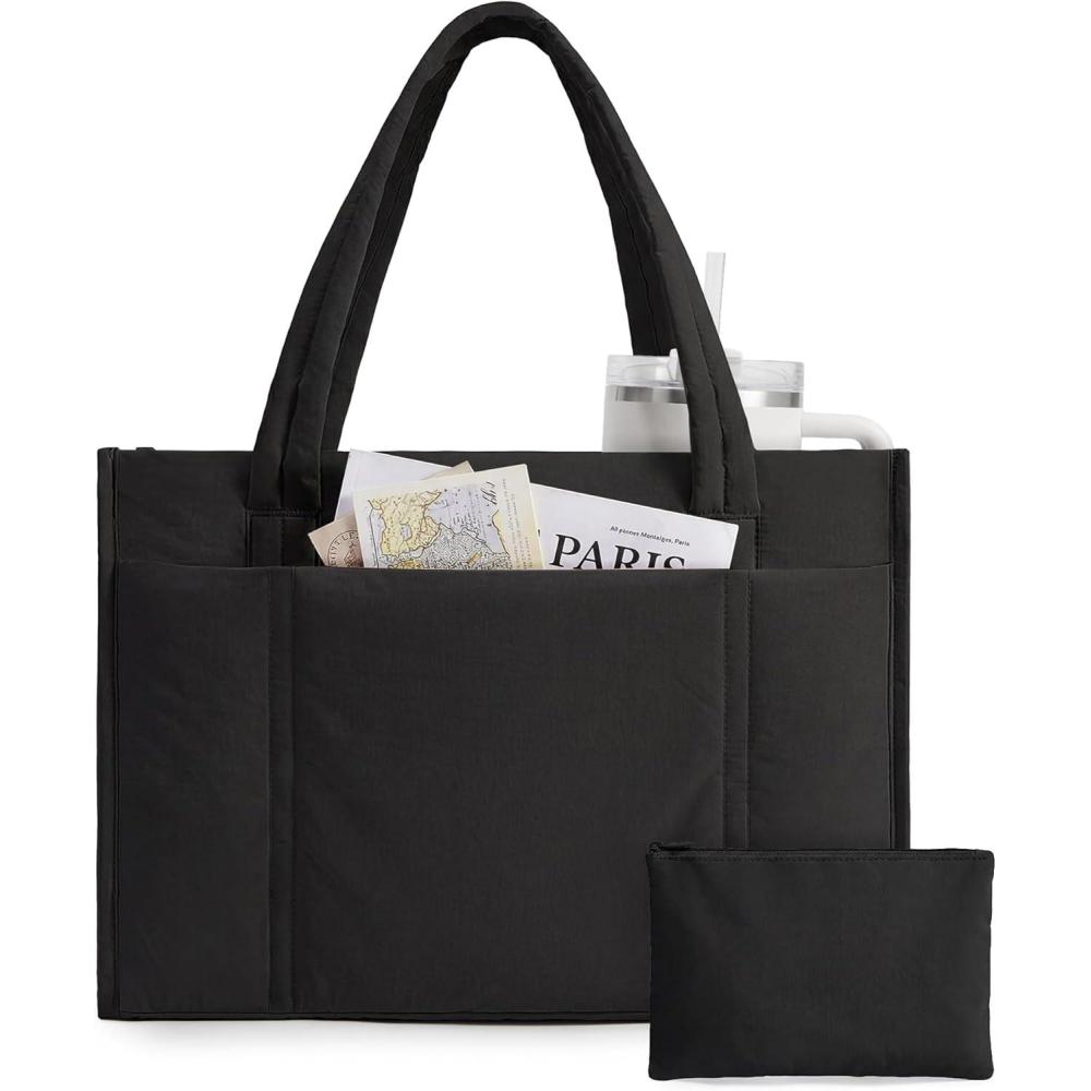 imageBAGSMART Tote Bag for Women 2Pc Puffer Tote Bag Set with Zipper Quilted Large Work Teacher Bag for TravelBlack