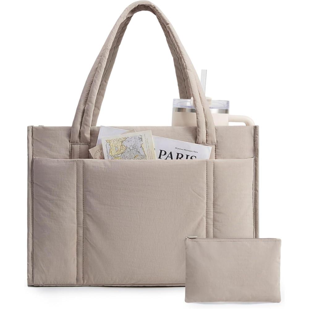 imageBAGSMART Tote Bag for Women 2Pc Puffer Tote Bag Set with Zipper Quilted Large Work Teacher Bag for TravelBrown