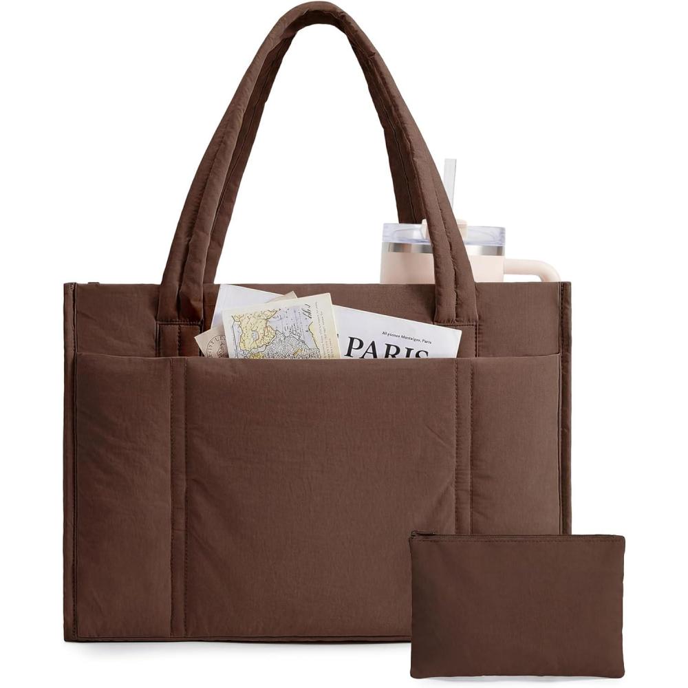 imageBAGSMART Tote Bag for Women 2Pc Puffer Tote Bag Set with Zipper Quilted Large Work Teacher Bag for TravelCoffee Brown
