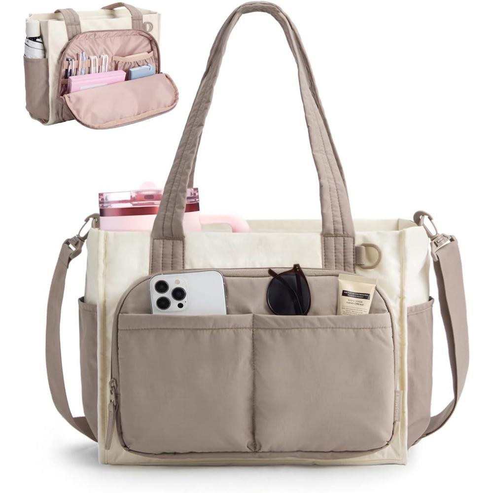 imageBAGSMART Tote Bag for Women Work Puffy Travel Tote Handbag Gift for Teacher amp Nurse Medium13 laptop w 30oz cup holder Large156 laptop w 40oz cup holder For campus work travel everydayClatte Brown