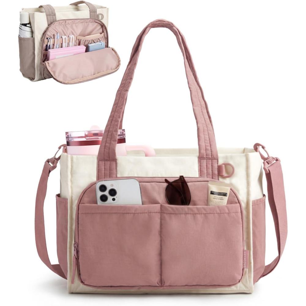 imageBAGSMART Tote Bag for Women Work Puffy Travel Tote Handbag Gift for Teacher amp Nurse Medium13 laptop w 30oz cup holder Large156 laptop w 40oz cup holder For campus work travel everydayEdark Pink