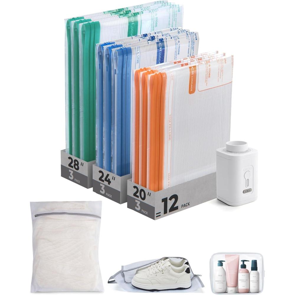 imageBAGSMART Vacuum Storage Bags for Travel with Rechargeable Air Pump Portable Space Saver Bags for Travel amp Home Vacuum Compression Seal Bag for Clothing Blanket 18 Pack Khaki BrownMulticolor