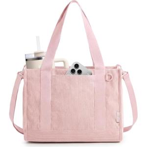 BAGSMART Corduroy Tote Bag for Women Work/Travel, Teacher Nurse Bible Church Hobo | 12L fits 14″ laptop, w/ 40oz cup holder, 5L fits Kindle, w/ cossbody strap, For work, campus, travel, everyday(Candy Pink)