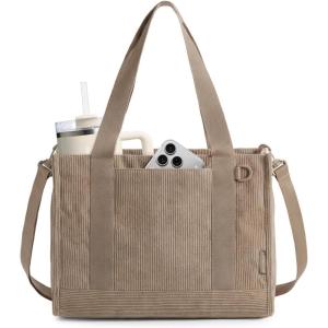 BAGSMART Corduroy Tote Bag for Women Work/Travel, Teacher Nurse Bible Church Hobo | 12L fits 14″ laptop, w/ 40oz cup holder, 5L fits Kindle, w/ cossbody strap, For work, campus, travel, everyday(Camel)