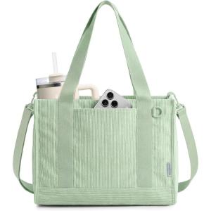 BAGSMART Corduroy Tote Bag for Women Work/Travel, Teacher Nurse Bible Church Hobo | 12L fits 14″ laptop, w/ 40oz cup holder, 5L fits Kindle, w/ cossbody strap, For work, campus, travel, everyday(Light Green)